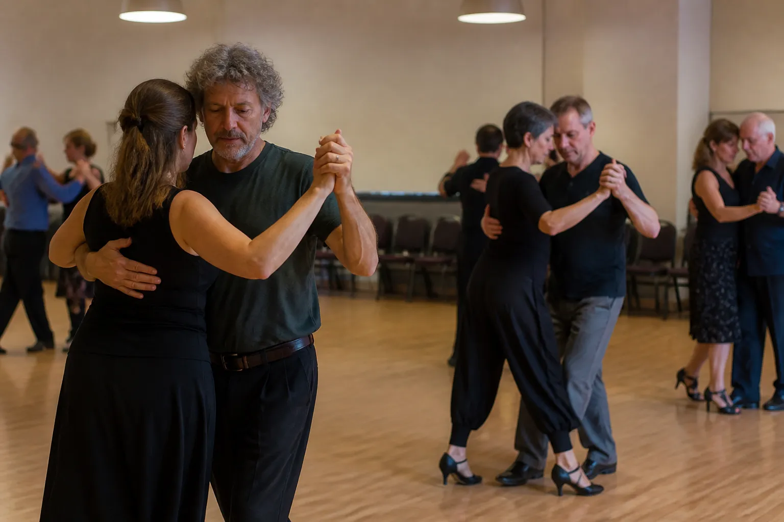 Beginner Argentine tango dancers practice before the Second Saturday Milonga in Missoula, chairs against the walls.