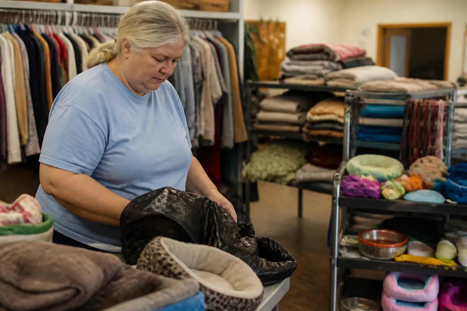 Cause for Paws boutique in Lincoln shows donated pet crates, towels, kibble, and racks of used clothes.