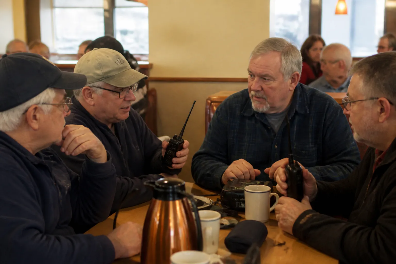 Amateur radio operators talk over coffee at an IHOP in McKinney while discussing nets and license exams.