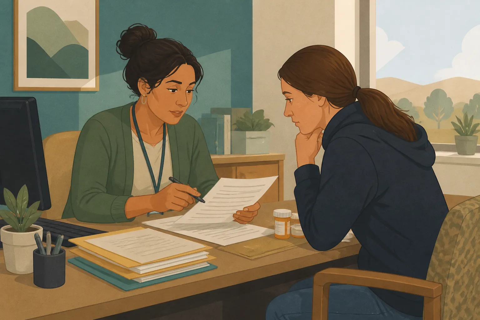 Free clinics in Boise: A care coordinator reviews referral and prescription paperwork with an uninsured Treasure Valley patient.