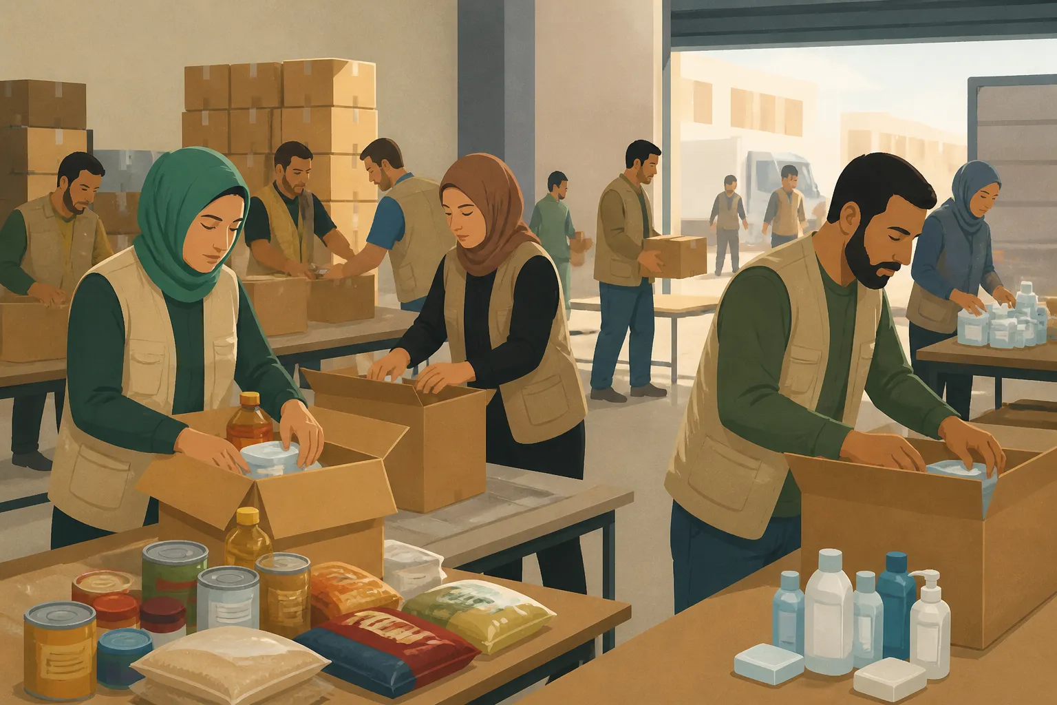 A Dallas disaster relief organization packs food parcels and hygiene kits for people looking to donate to emergency relief.