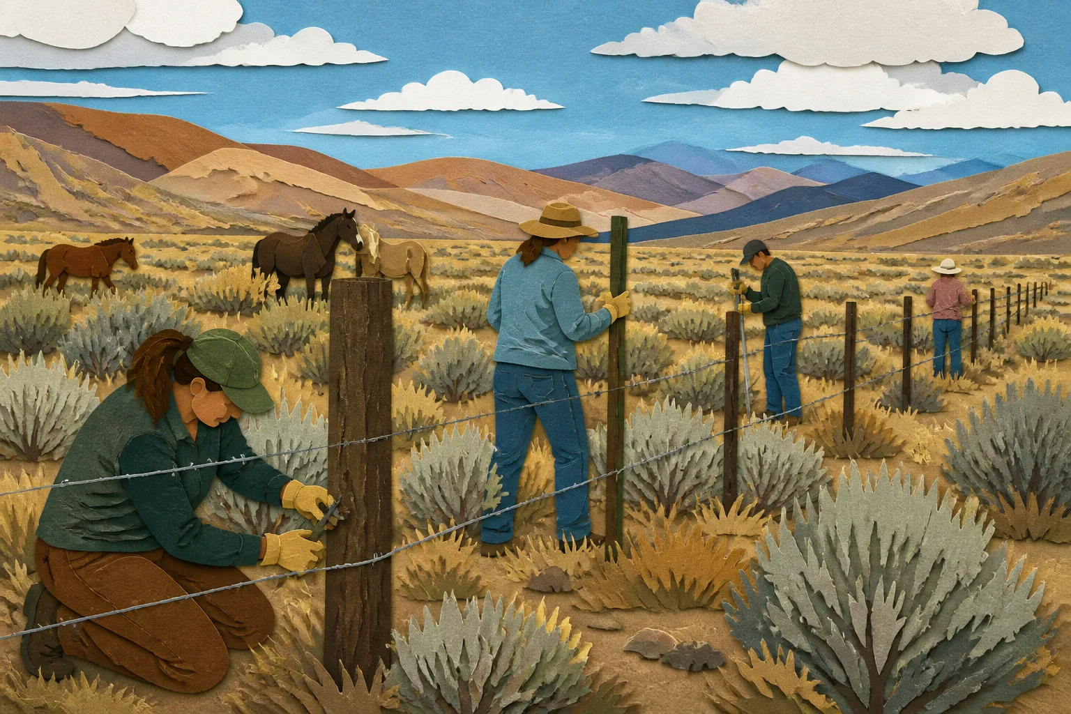 Volunteers repair a fence near wild horse habitat in Nevada’s Virginia Range.