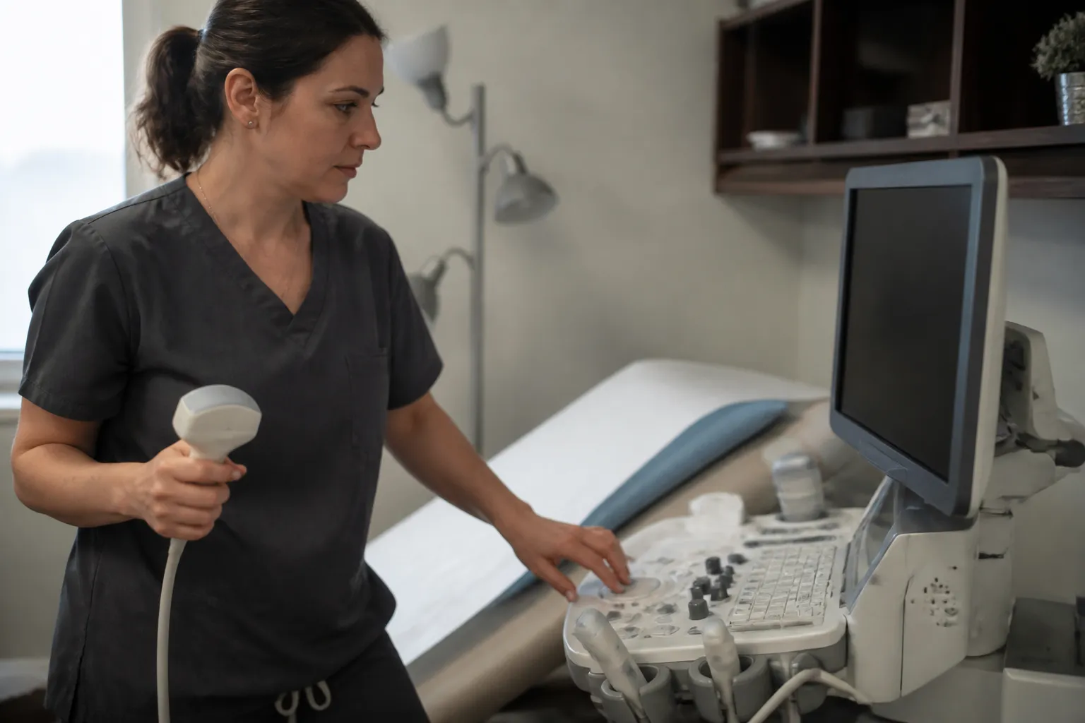A trained sonographer prepares Loving Choice’s Spring ultrasound room equipment for a qualifying client.