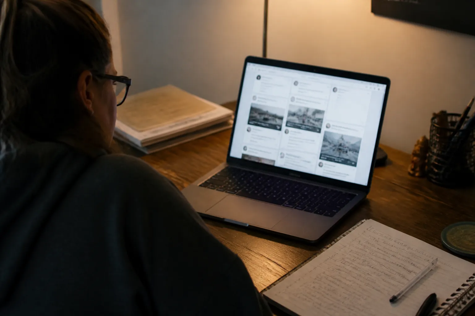 Laptop shows Lincoln Tree of Hope resource posts next to handwritten list of hot meals, rental help, and food distribution.