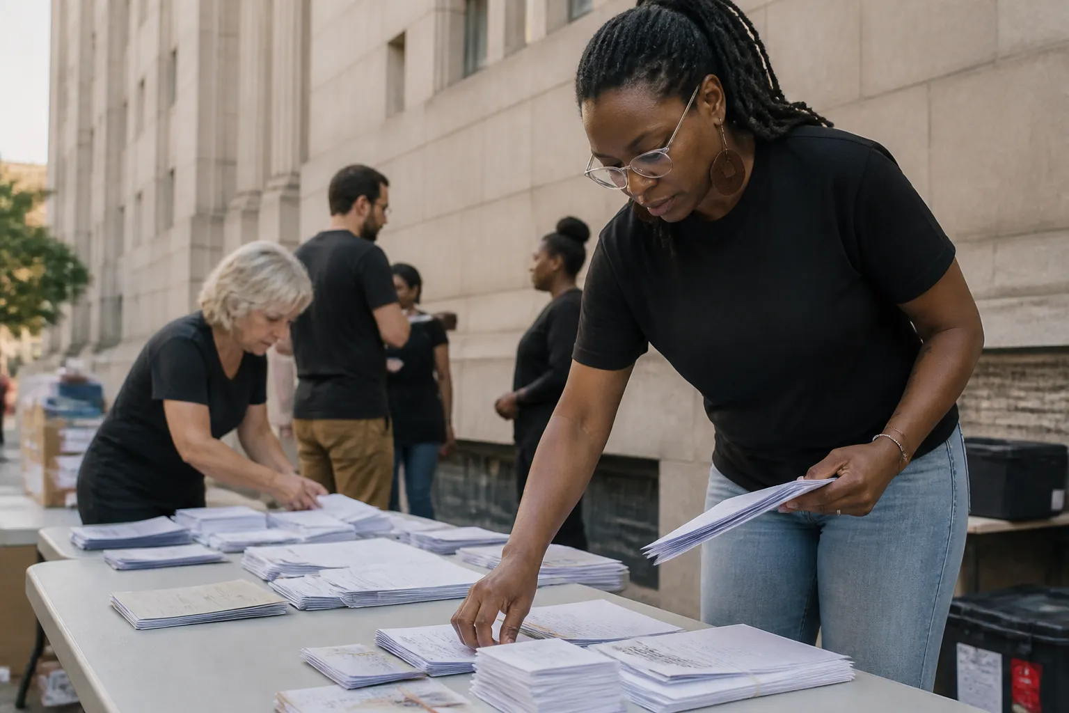 Project Orange volunteers lay stacked voter registration forms and packets on a table outside Travis County Jail.