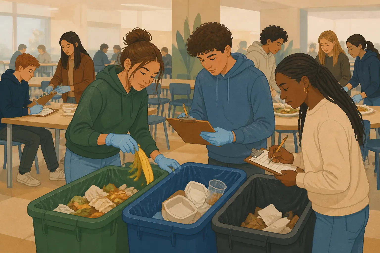 Delaware high school students sort cafeteria waste during an environmental charity audit in Wilmington, DE.