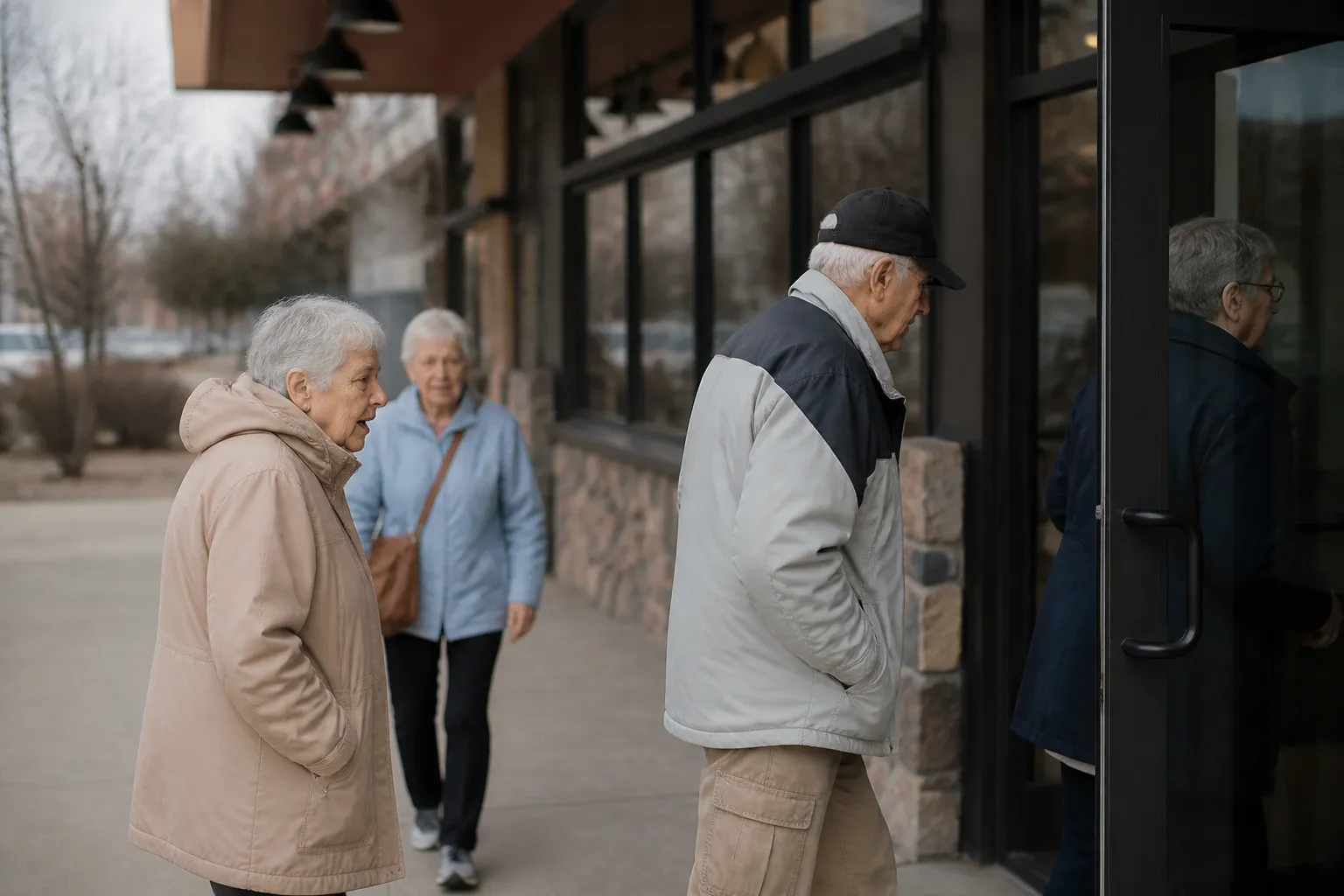 Older adults in coats enter Missoula Senior Citizens Center on Higgins for daily lunch.