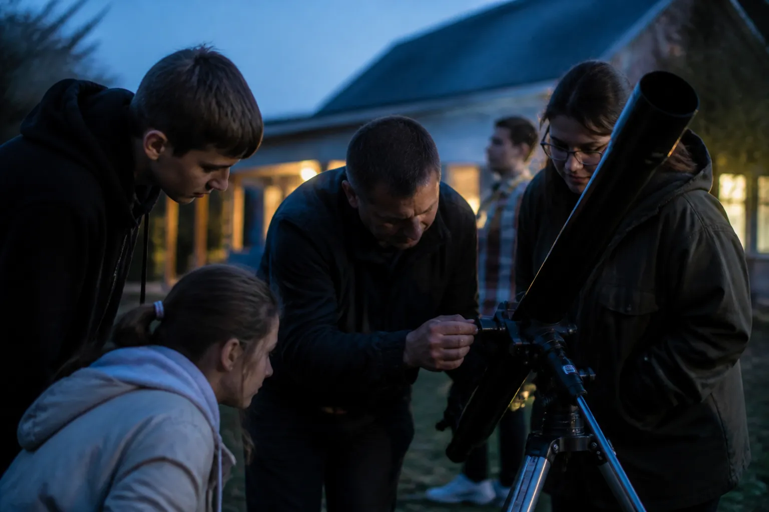 Teachers and students set up an astronomy club telescope at dusk as part of Space4 Ukraine support.