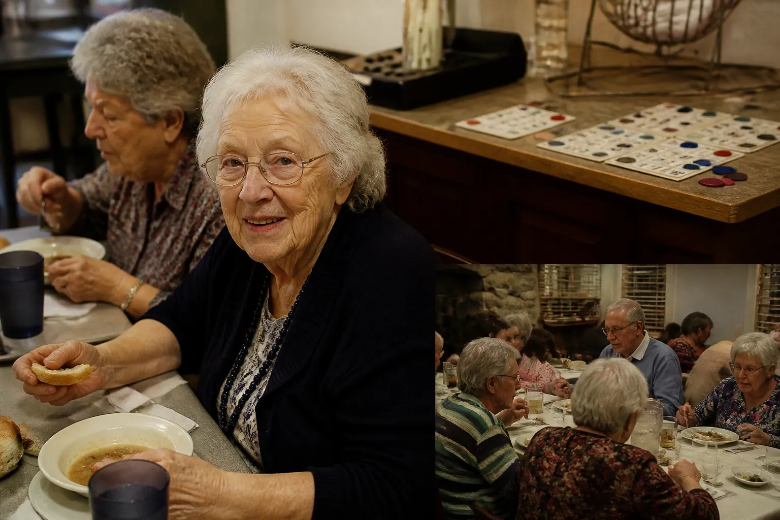 A lunch table at Missoula Senior Citizens Center sits beside bingo cards and neighbors gather for dinner.
