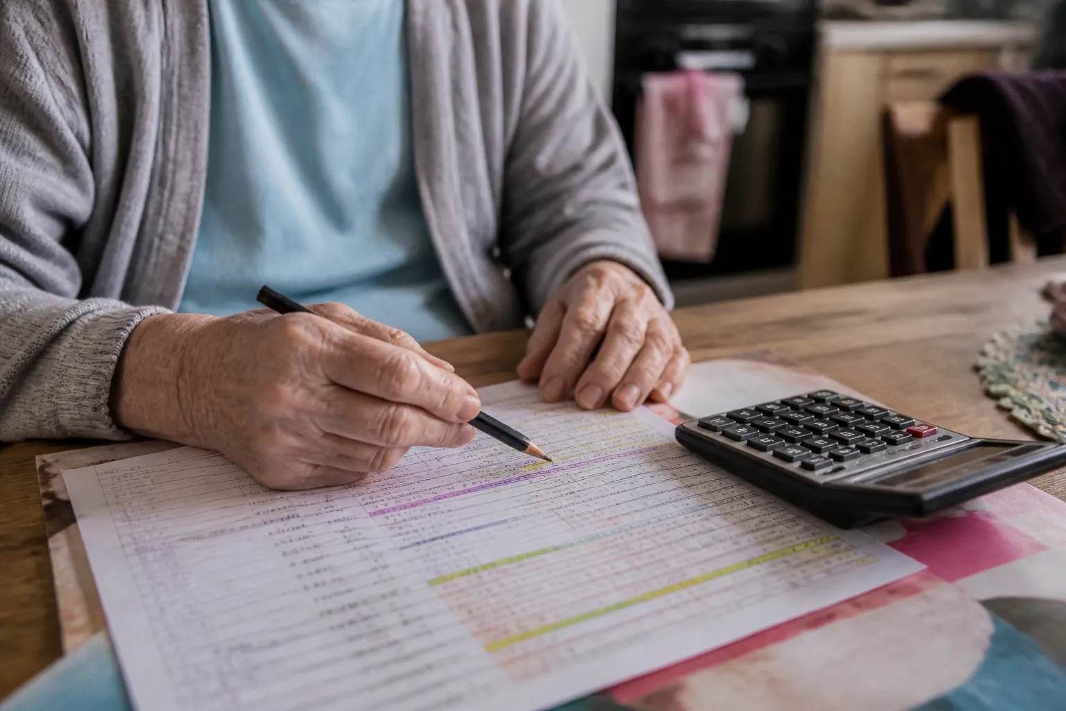 Budget worksheet for a Lincoln Social Security recipient with rent and utilities highlighted and spending categories listed.