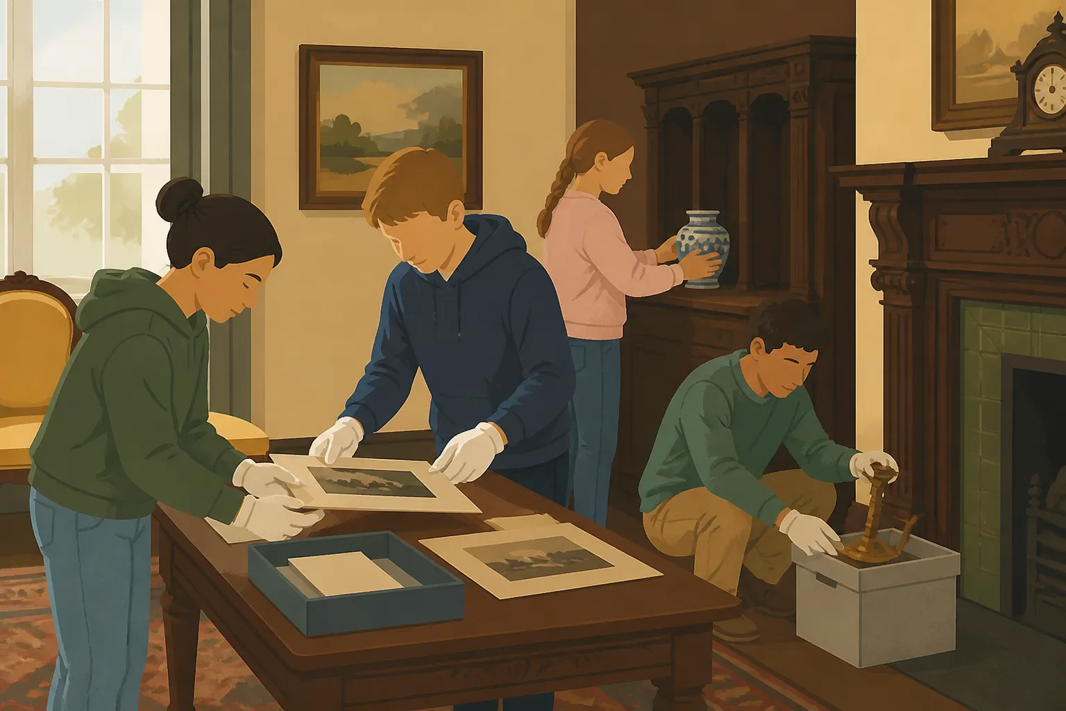 Middle-school volunteers prepare a museum exhibit near original furnishings at Moss Mansion.