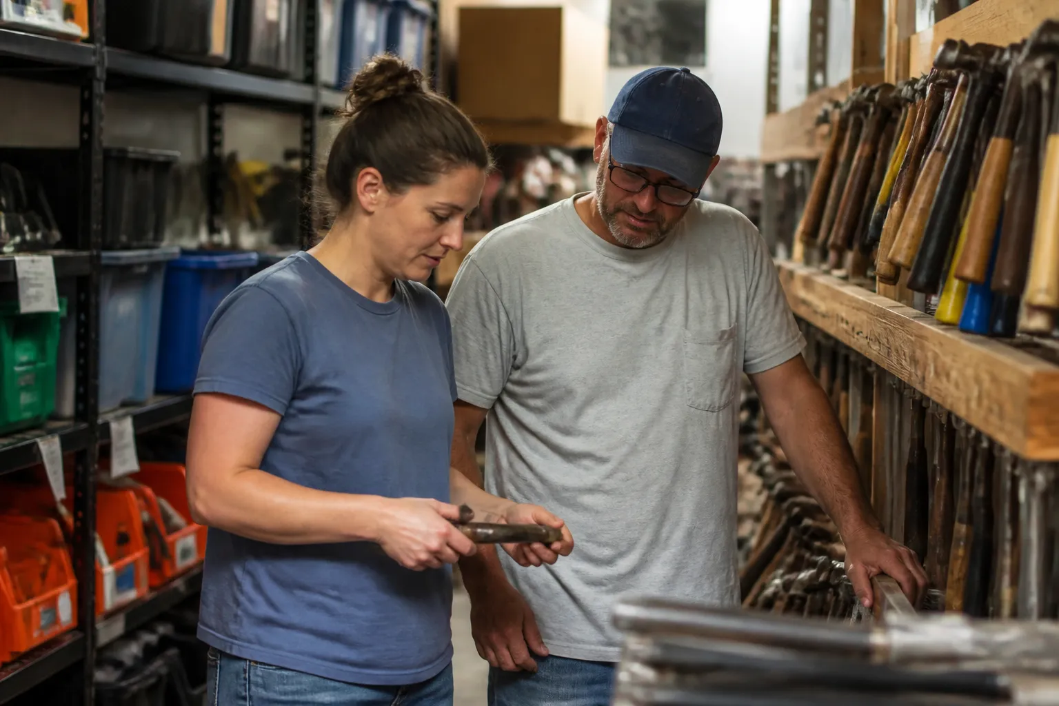 Volunteer and MUD member browse tools inside MUD’s Tool Library in Missoula, MT, showing an environmental nonprofit at work before a repair project.