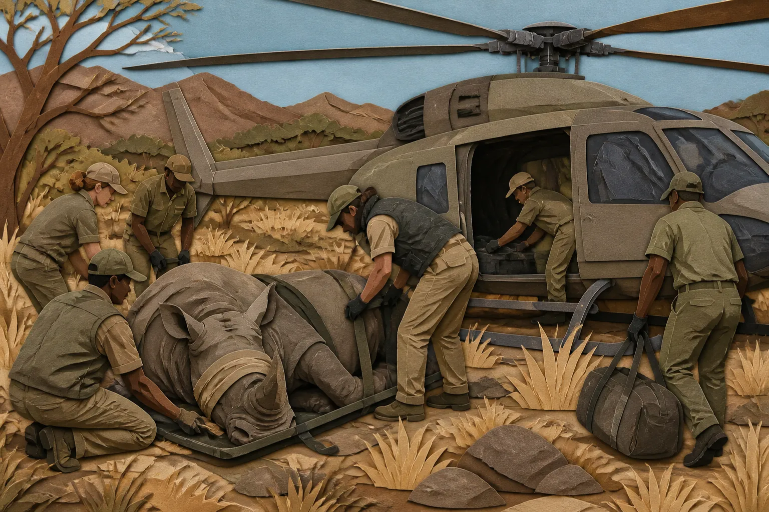 Rhino 911 rescuers prepare a helicopter beside an injured rhino in a South African preserve.