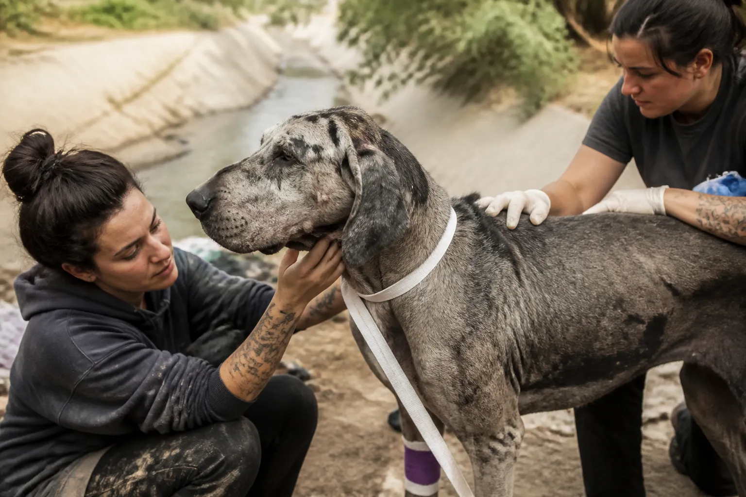 A Great Dane stands in a desert arroyo near UTEP while rescue workers watch from a distance.