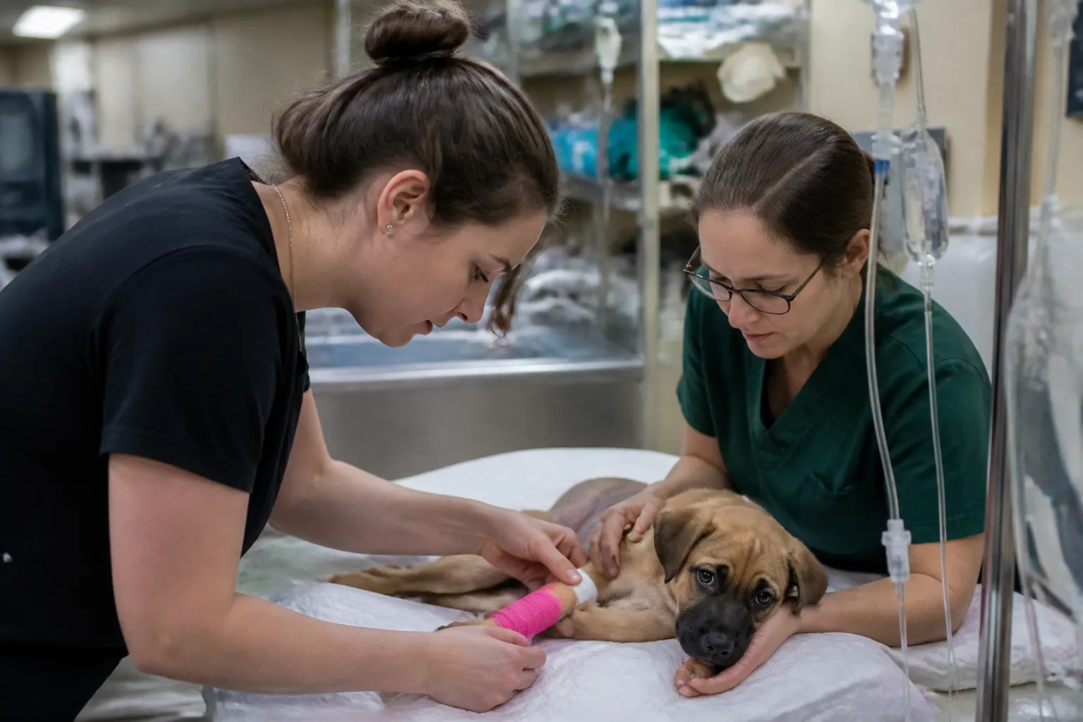 Veterinary staff treating a puppy in Austin Pets Alive! Parvo ICU beside IV lines and supplies.