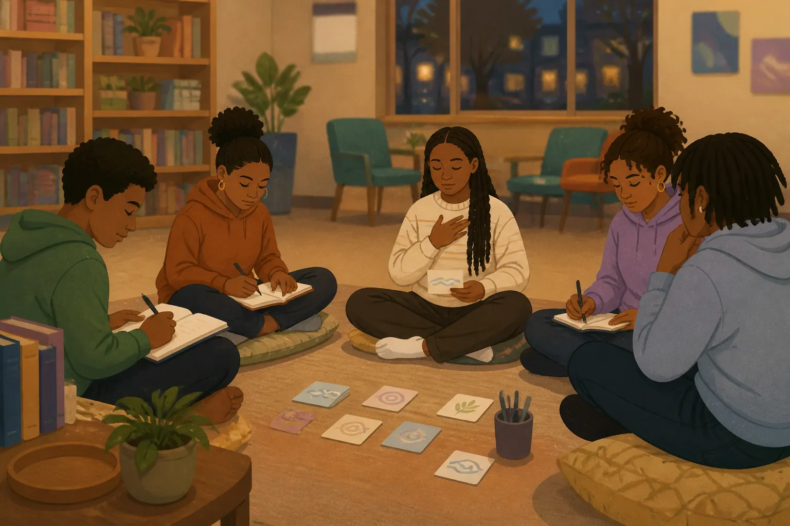 Youth participants write and use mindfulness materials in a library wellness circle.