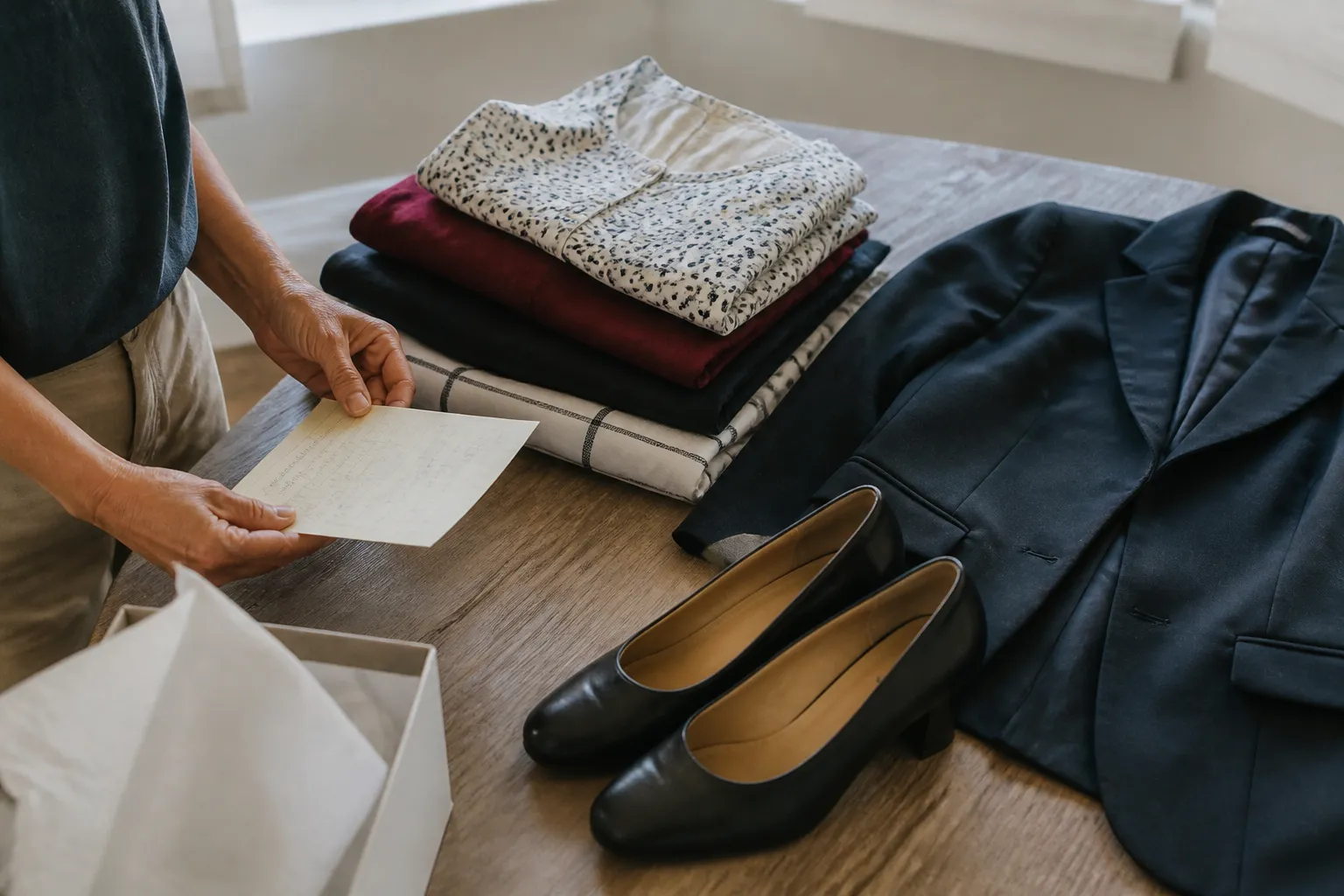 Donation table shows folded professional tops, an interview-ready blazer, and work shoes next to a Suiting note.