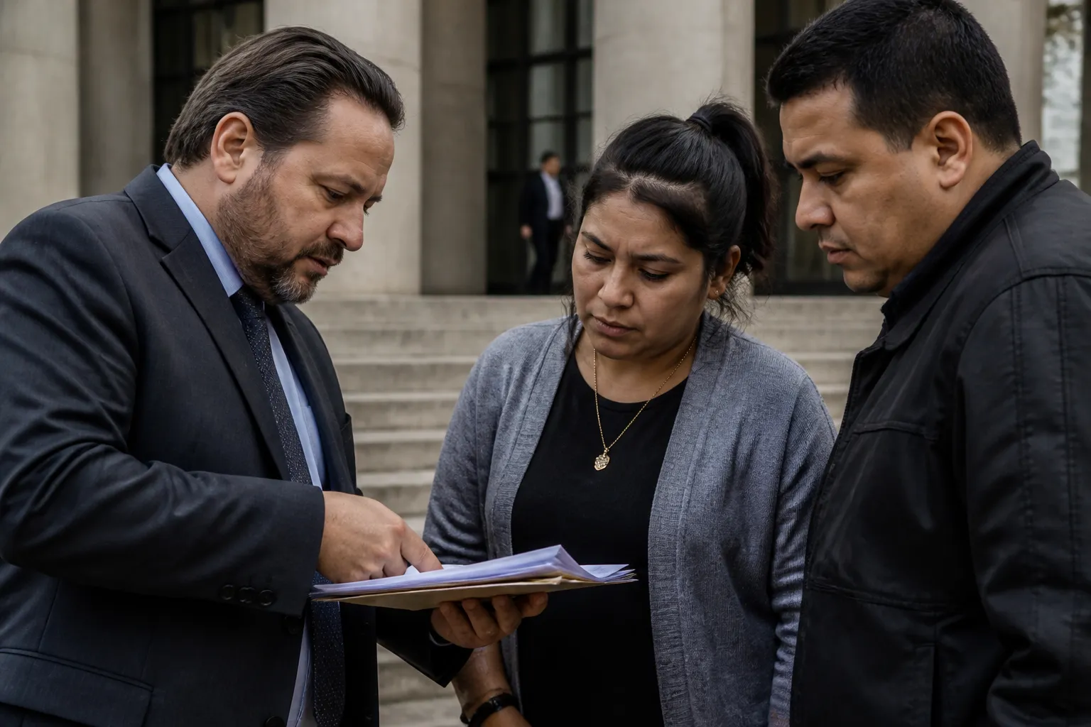 Eviction defense attorney reviews case papers with a Dallas County family outside a courtroom before hearing.