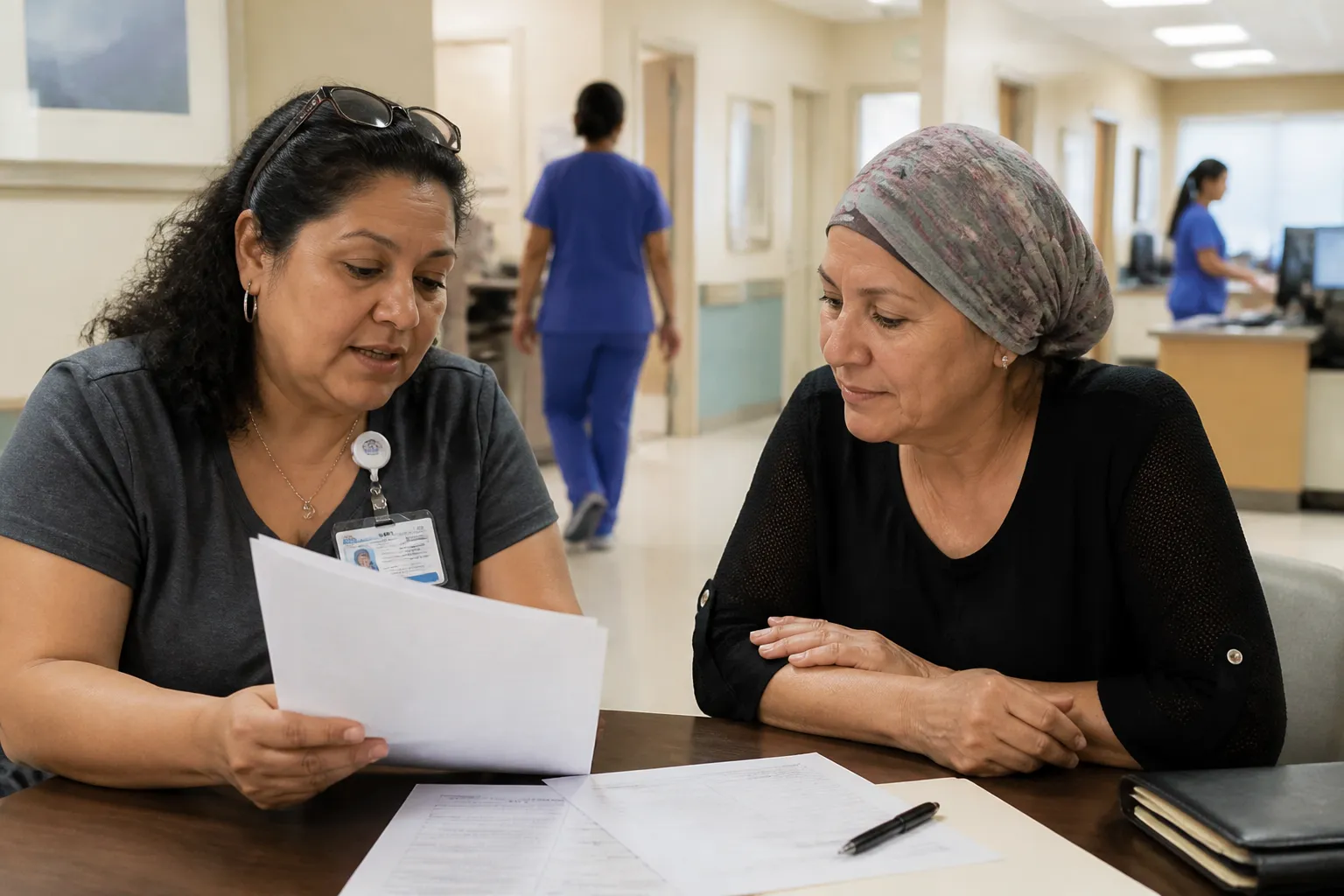 Research coordinator reviews cancer clinical trial paperwork with a patient at a Las Vegas clinic.