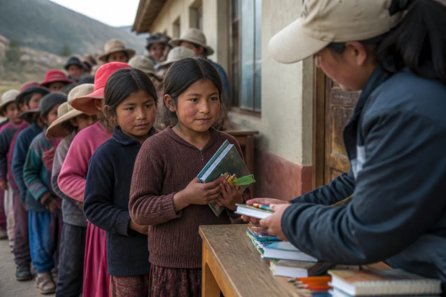 Children wait in a line outside a remote school in Peru as notebooks and crayons are handed out for readers asking where to donate humanitarian aid in dallas tx.