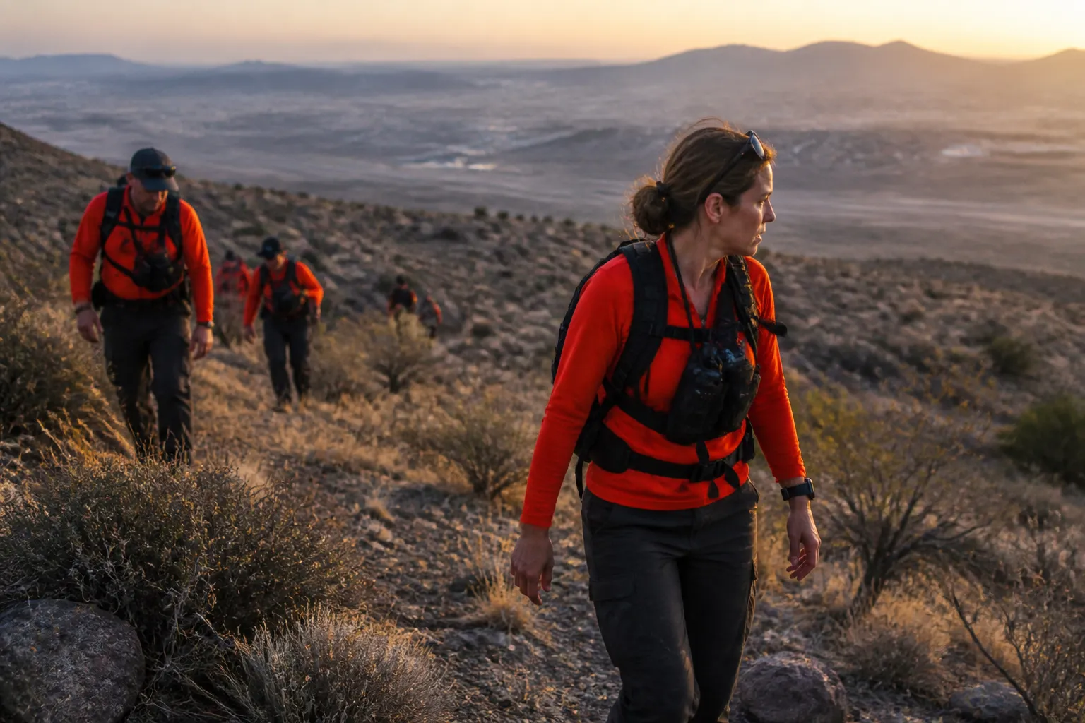 Red Rock SAR volunteers scan from a ridgeline above Las Vegas in early dawn light.