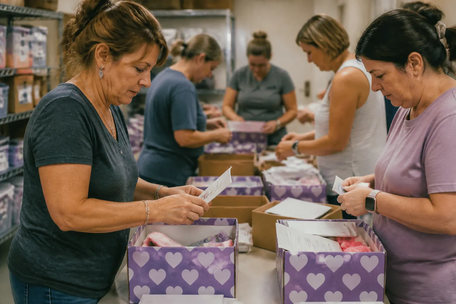 Volunteers assemble Love Box care packages and handwritten notes to help foster families in Texas at Austin Angels’ Buda center in daylight.