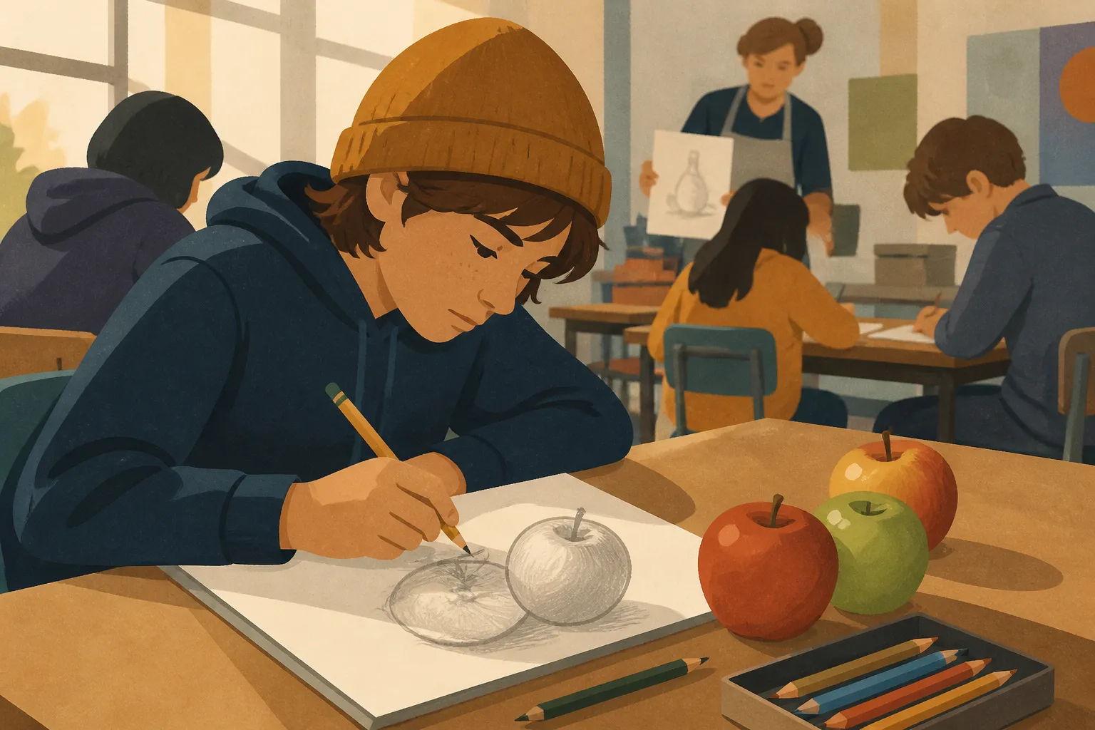 A sixth grader sketches apples during a free Bozeman Art Museum class.