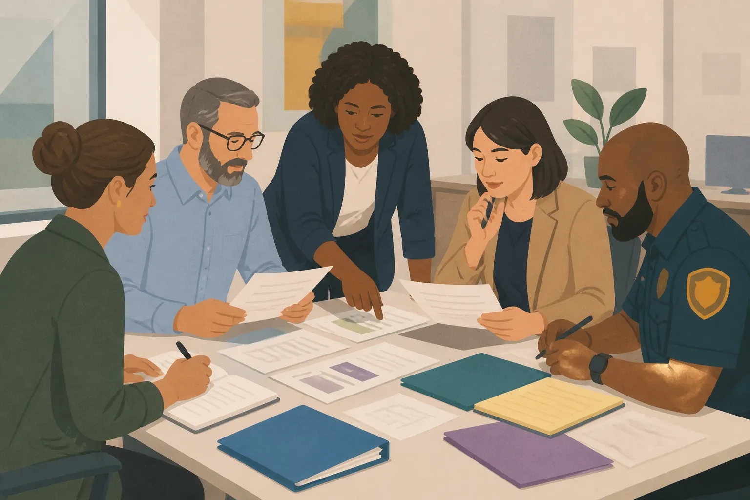 Multidisciplinary team members review child-abuse case materials at a Delaware Advocacy Center table.