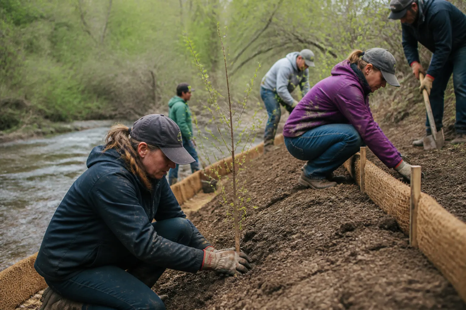 Volunteers plant trees and set barriers along Hayden Creek on May 10, 2026 to prevent erosion.