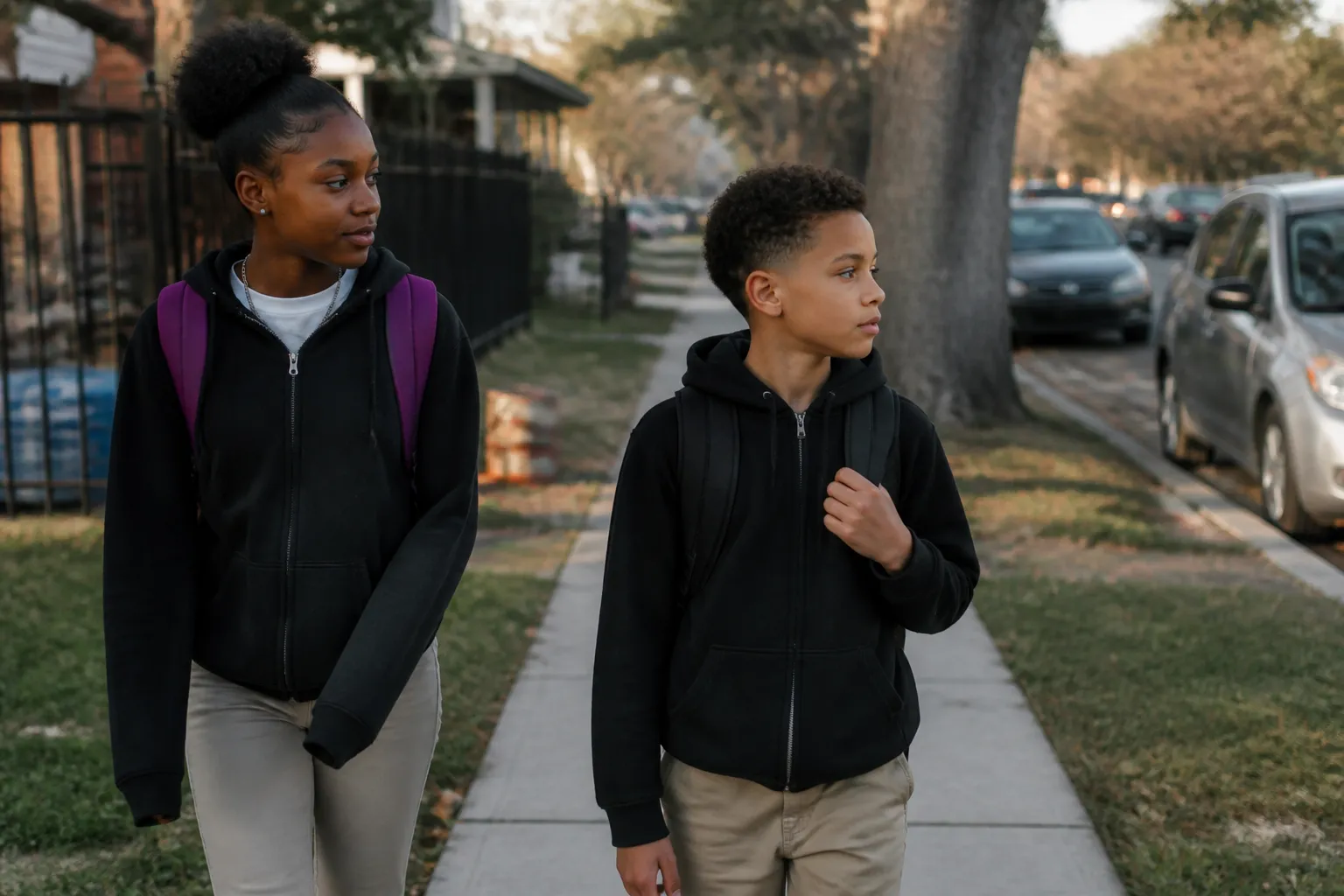 A Friend mentor walks with a child on a Houston neighborhood sidewalk after school toward an afternoon activity.