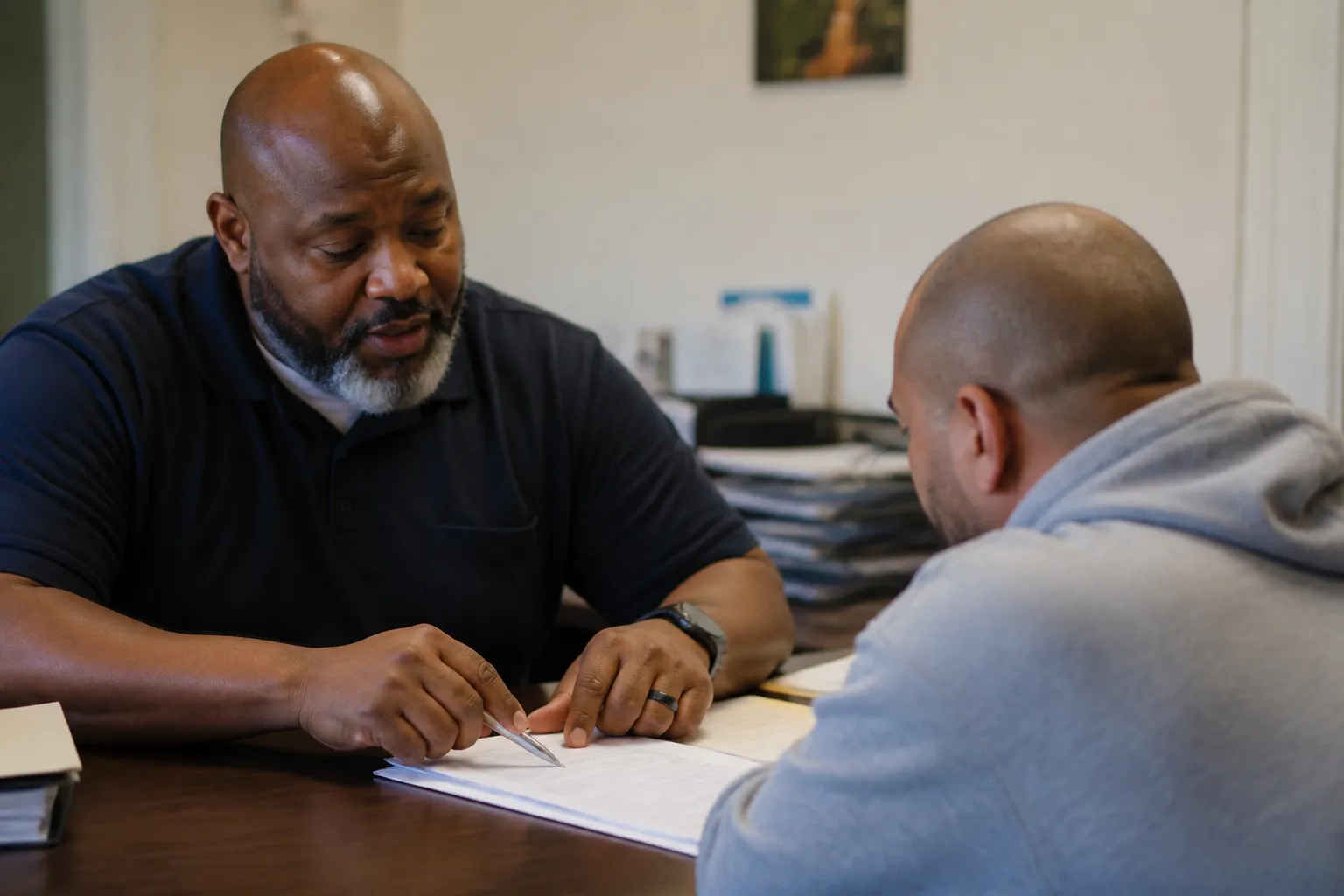 Counselor reviews intake forms with a participant at a Las Vegas reentry program.
