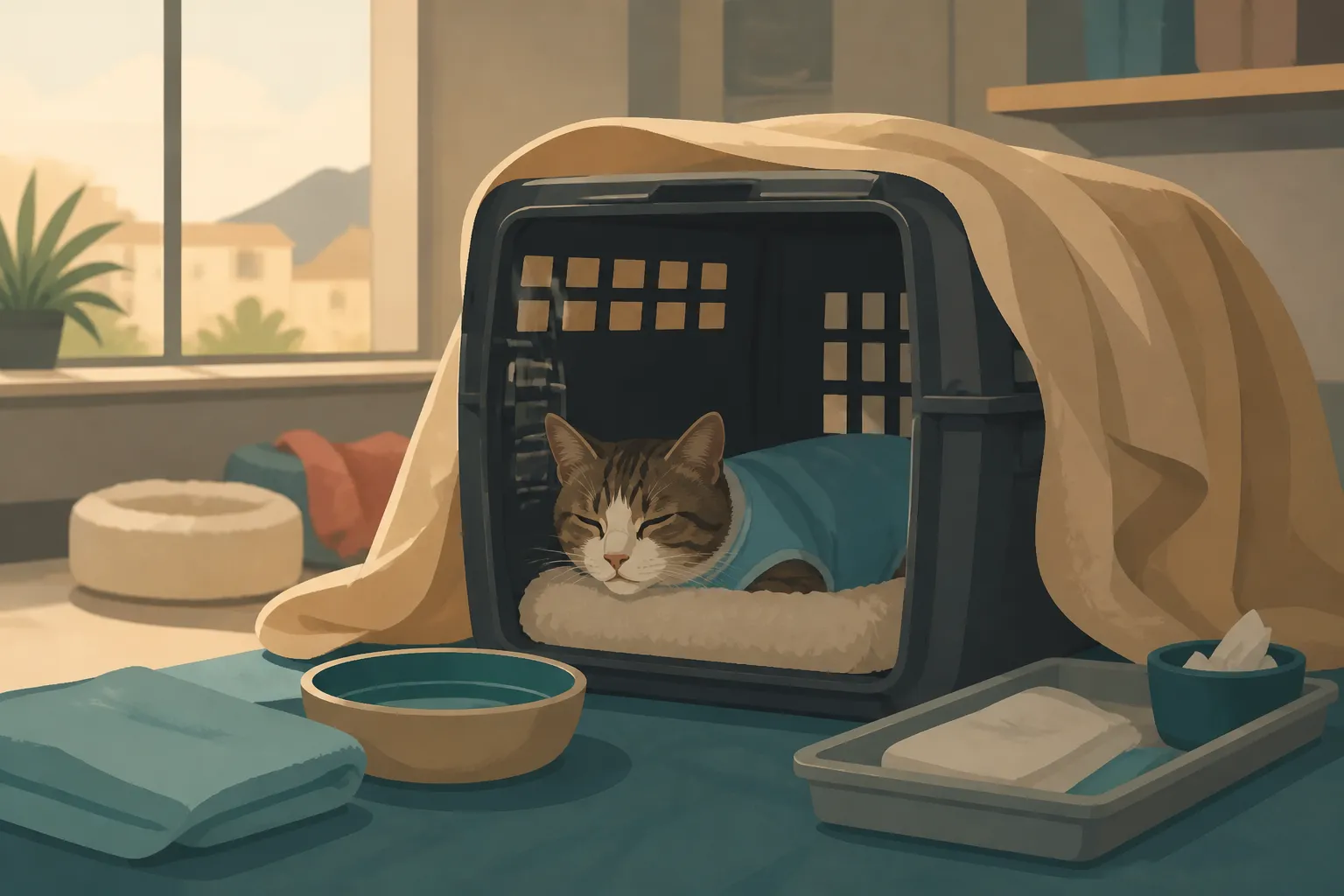 A community cat rests in a recovery crate after surgery before returning outdoors in El Paso.