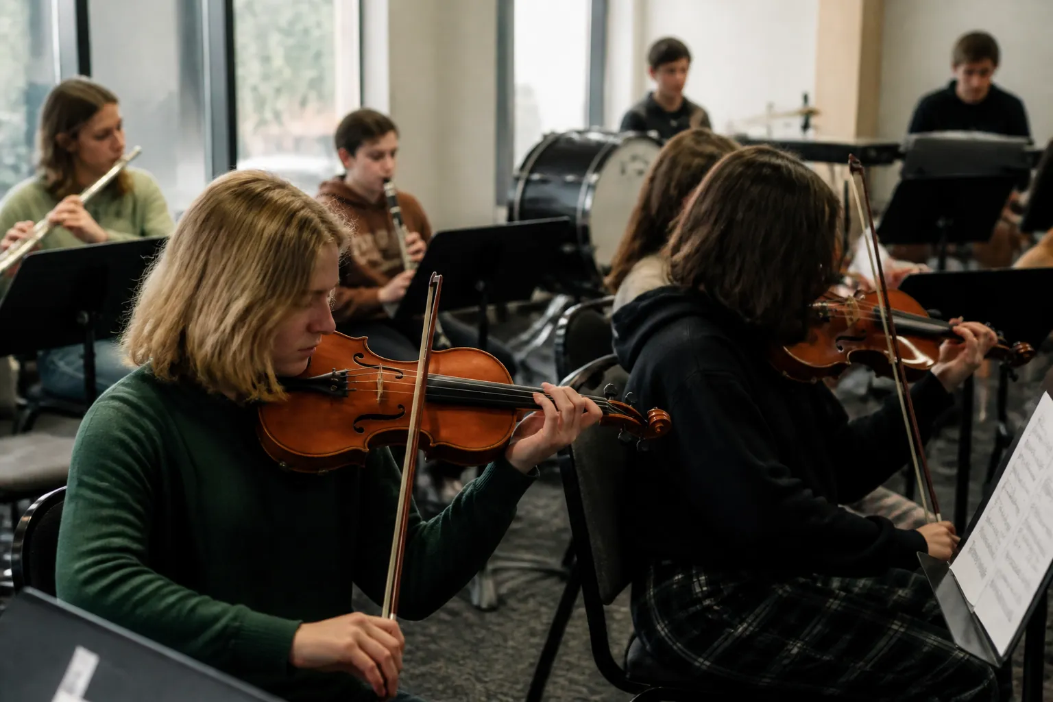 Middle and high school musicians rehearse in sections for Flathead Valley Youth Symphonies at North Valley Music School.