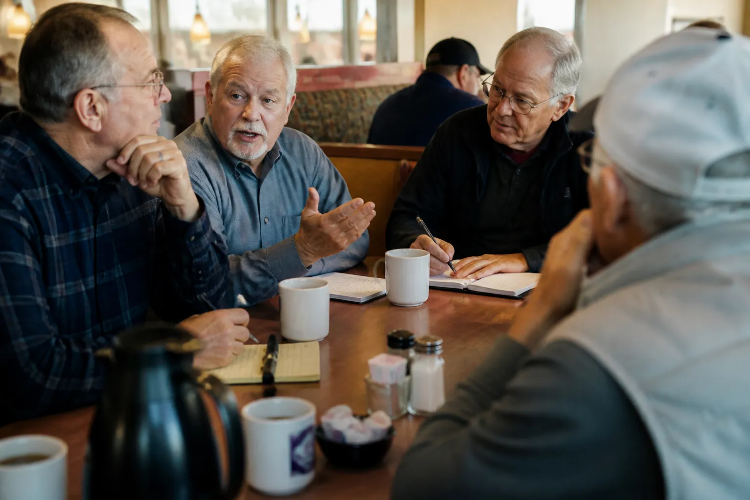 Radio club members at an IHOP booth in McKinney during the 7:30 a.m. Saturday breakfast discussion.