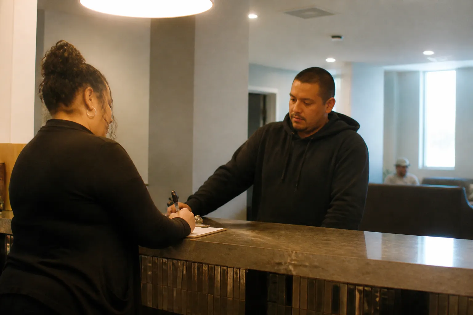 Clients check in at 2d Chance reception before counseling, outpatient therapy, and aftercare support.