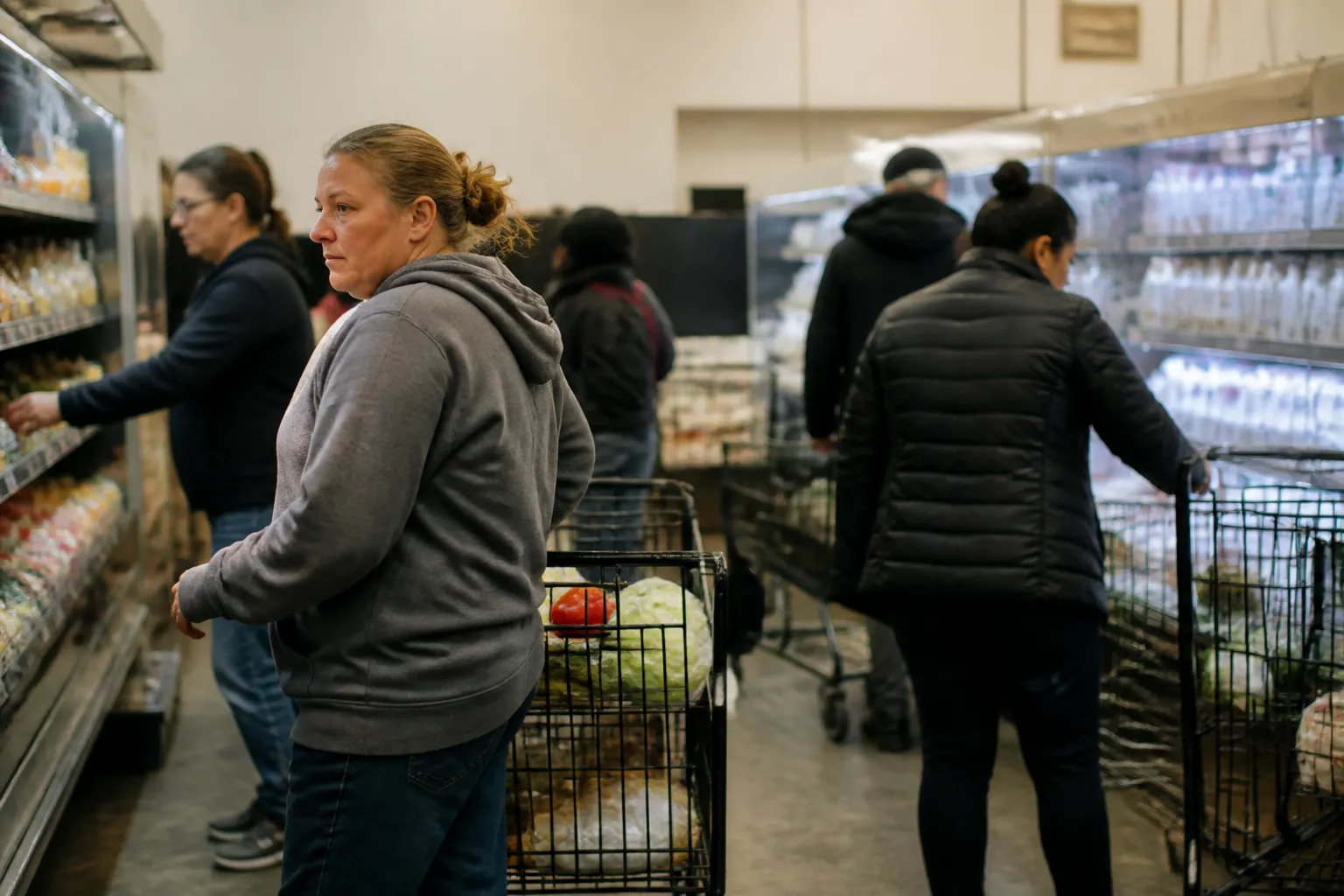 Shoppers push carts and choose groceries inside the free Store at Missoula Food Bank in Missoula.
