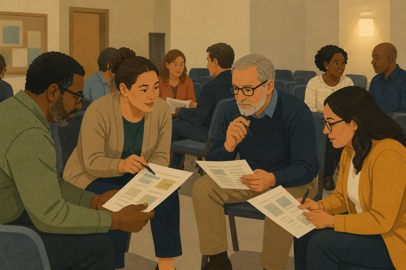 Church volunteers and school staff at a Greater Houston school meeting review partnership schedules.