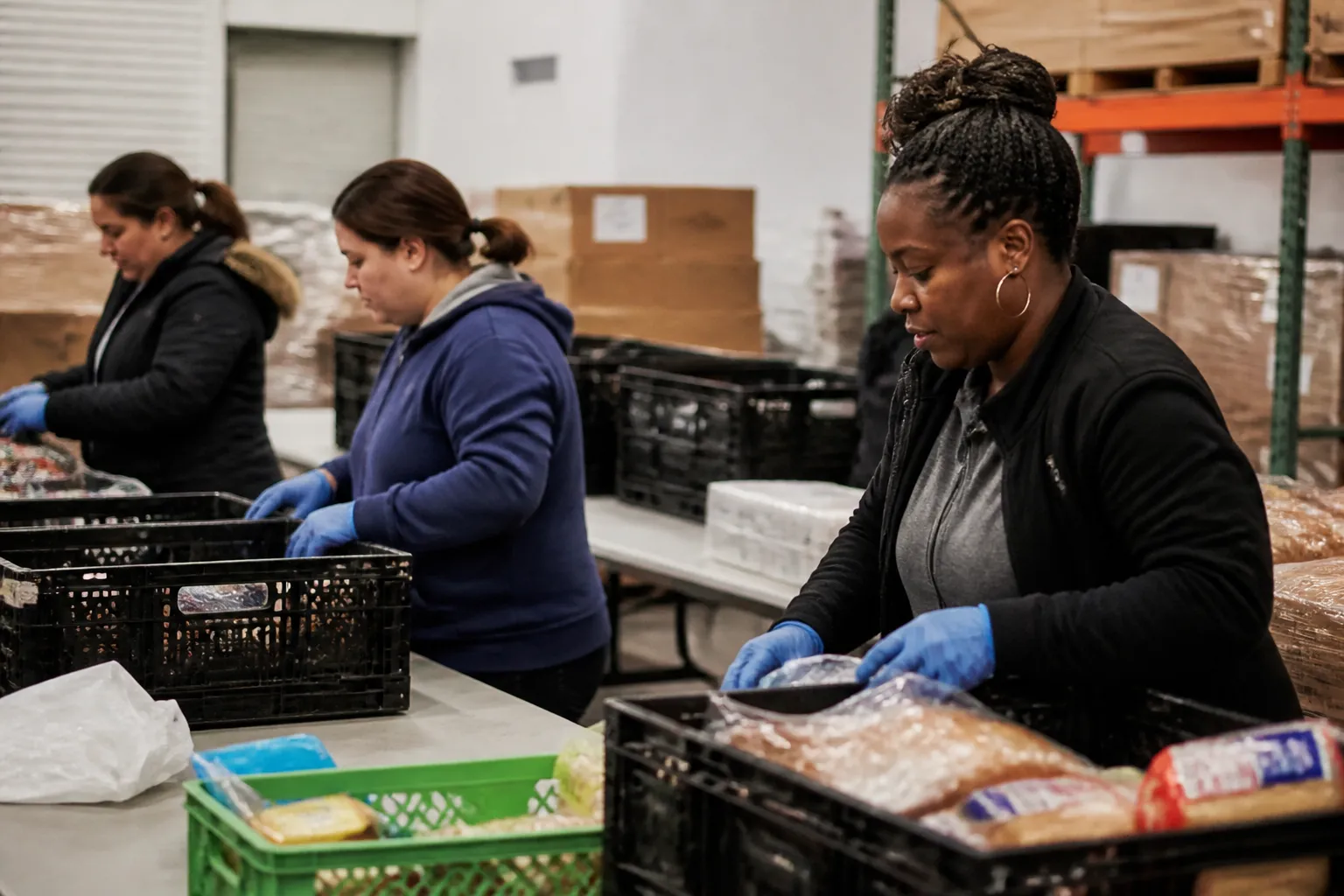 Volunteers in Euless sort rescued food for meals next to family nutrition and health training materials.
