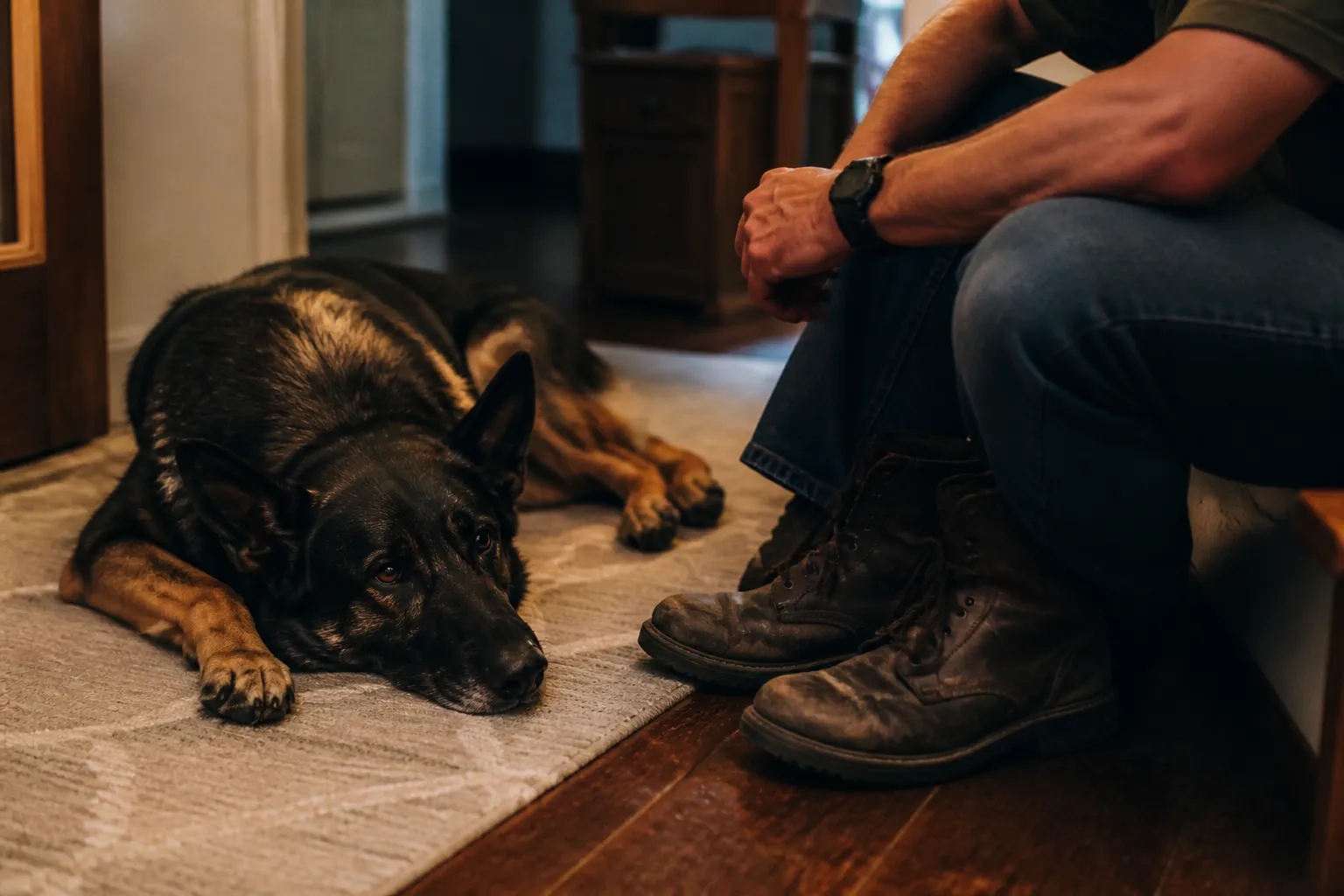 Retired law enforcement K9 resting at home beside its handler’s boots in Fort Worth.