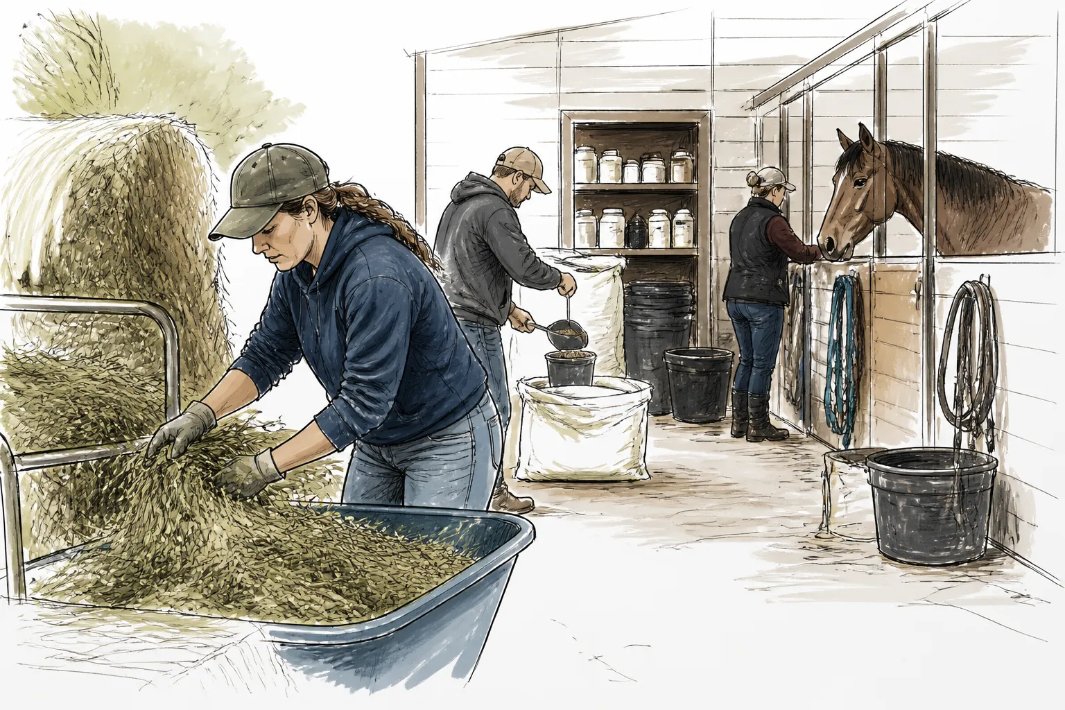 Ranch staff prepare hay and feed for the Horsemanship For Heroes herd in Reno.