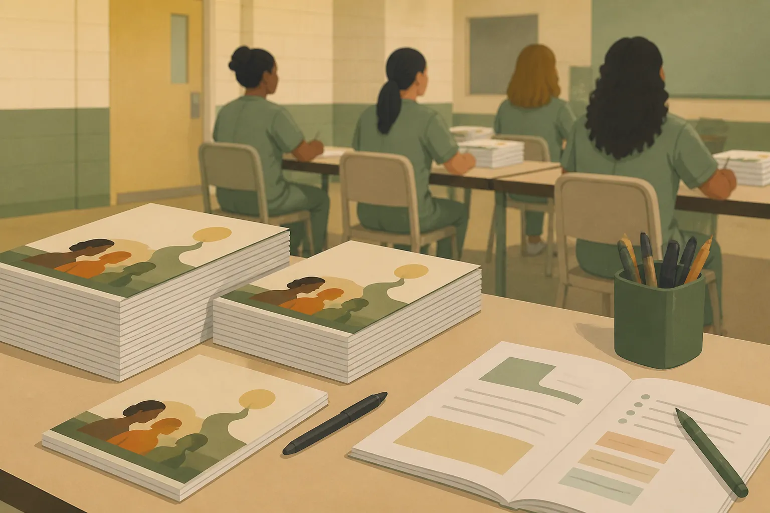 Stacks of LifeScripting workbooks sit on classroom tables for incarcerated women.
