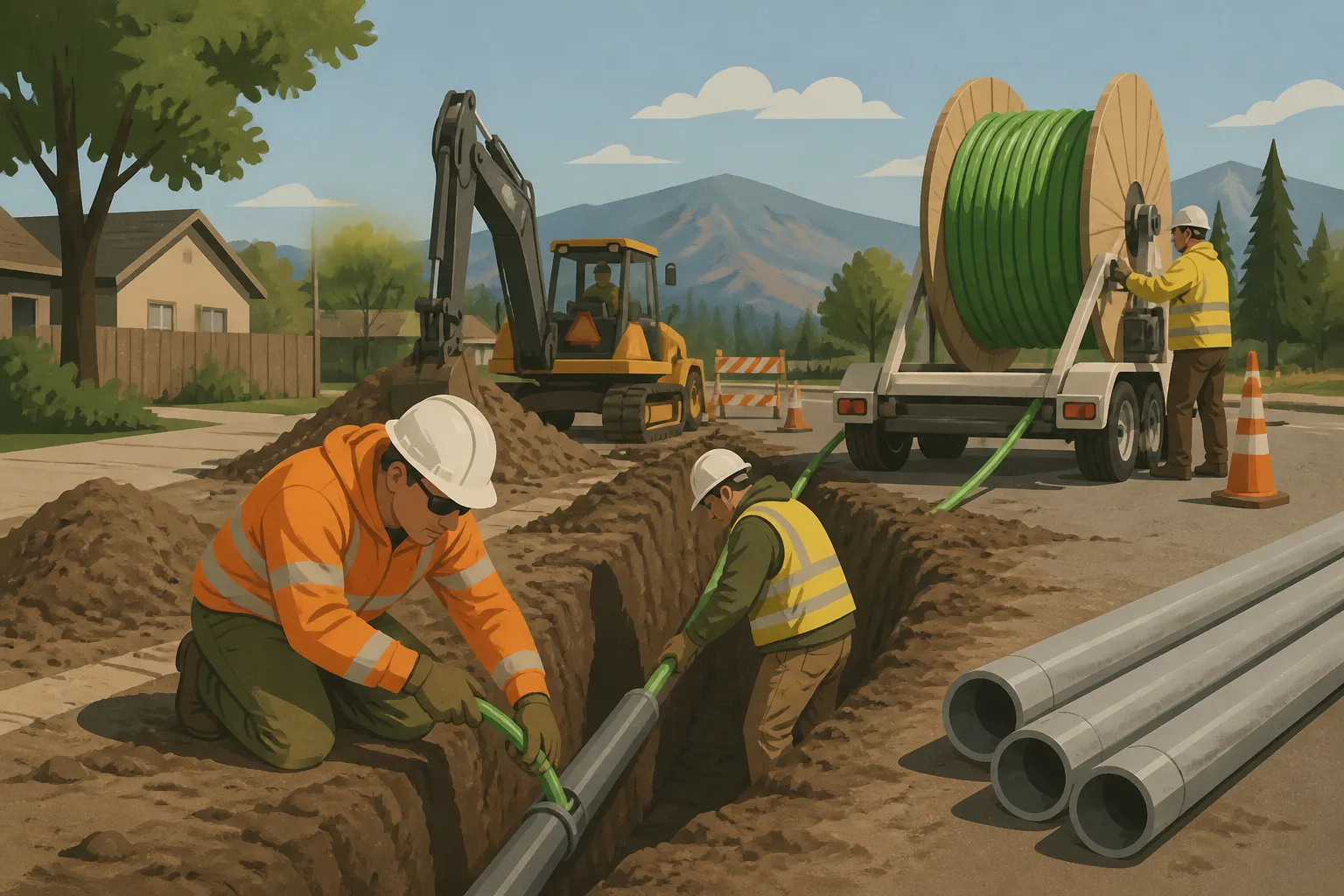 Construction workers install underground conduit for Yellowstone Fiber near Bozeman.