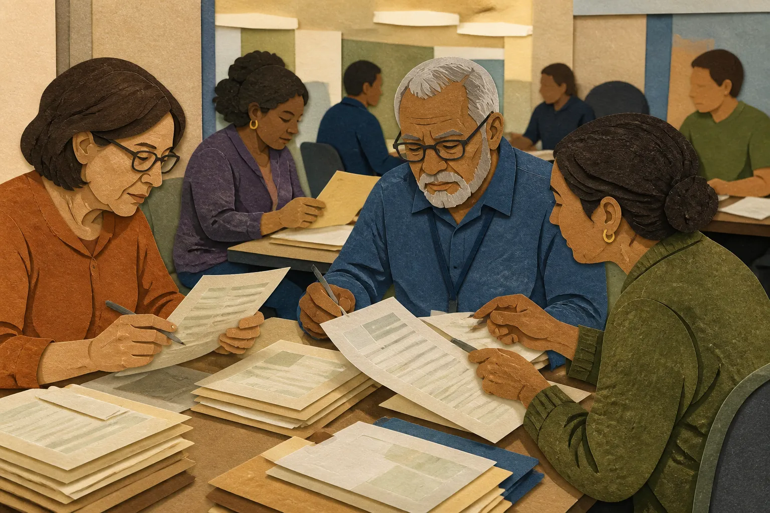 Volunteer tax team reviews completed return packets at a Nevada Free Taxes Coalition VITA site.