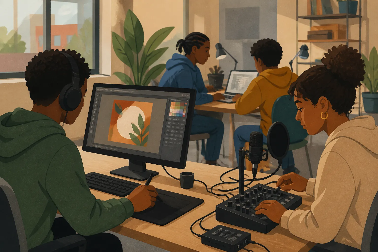 Youth participants practice graphic design and audio engineering in a Reeds Refuge session.