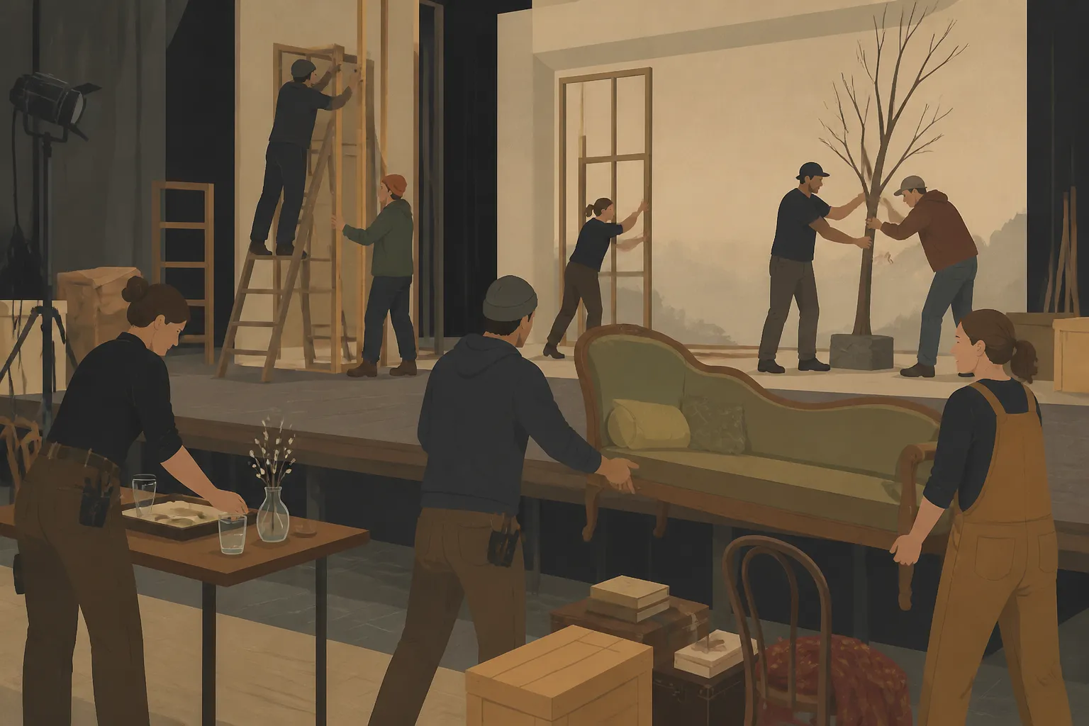 Cast and crew prepare props and scenery for The Seagull in a Bozeman theater.