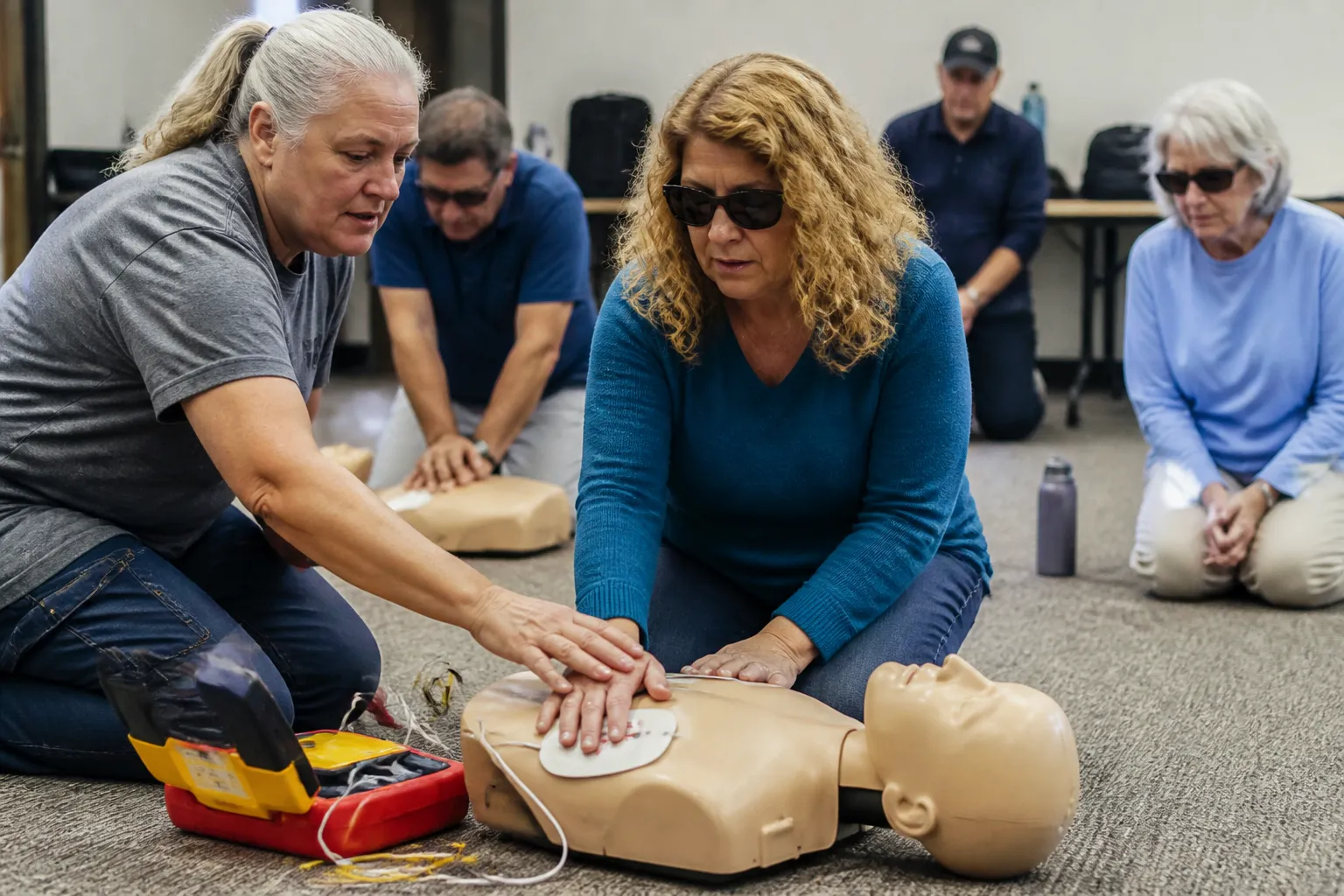 Instructors demonstrate adapted CPR and AED training to blind community members in a classroom.
