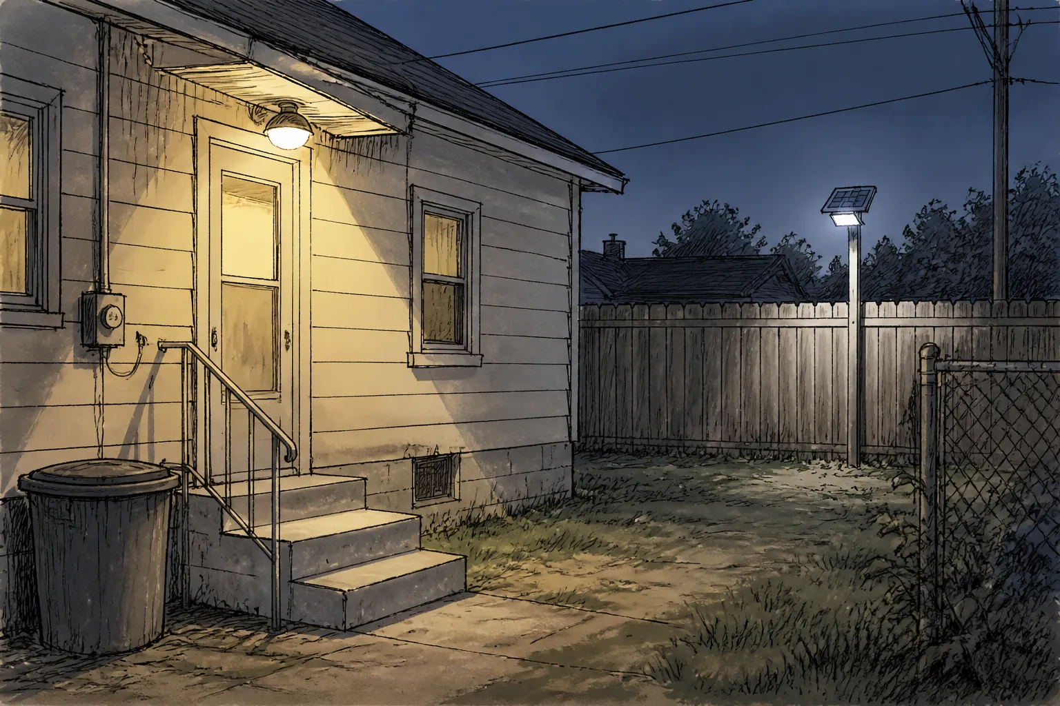 A Delaware home’s new LED porch light shines at dusk, with a solar backyard light beyond the fence.