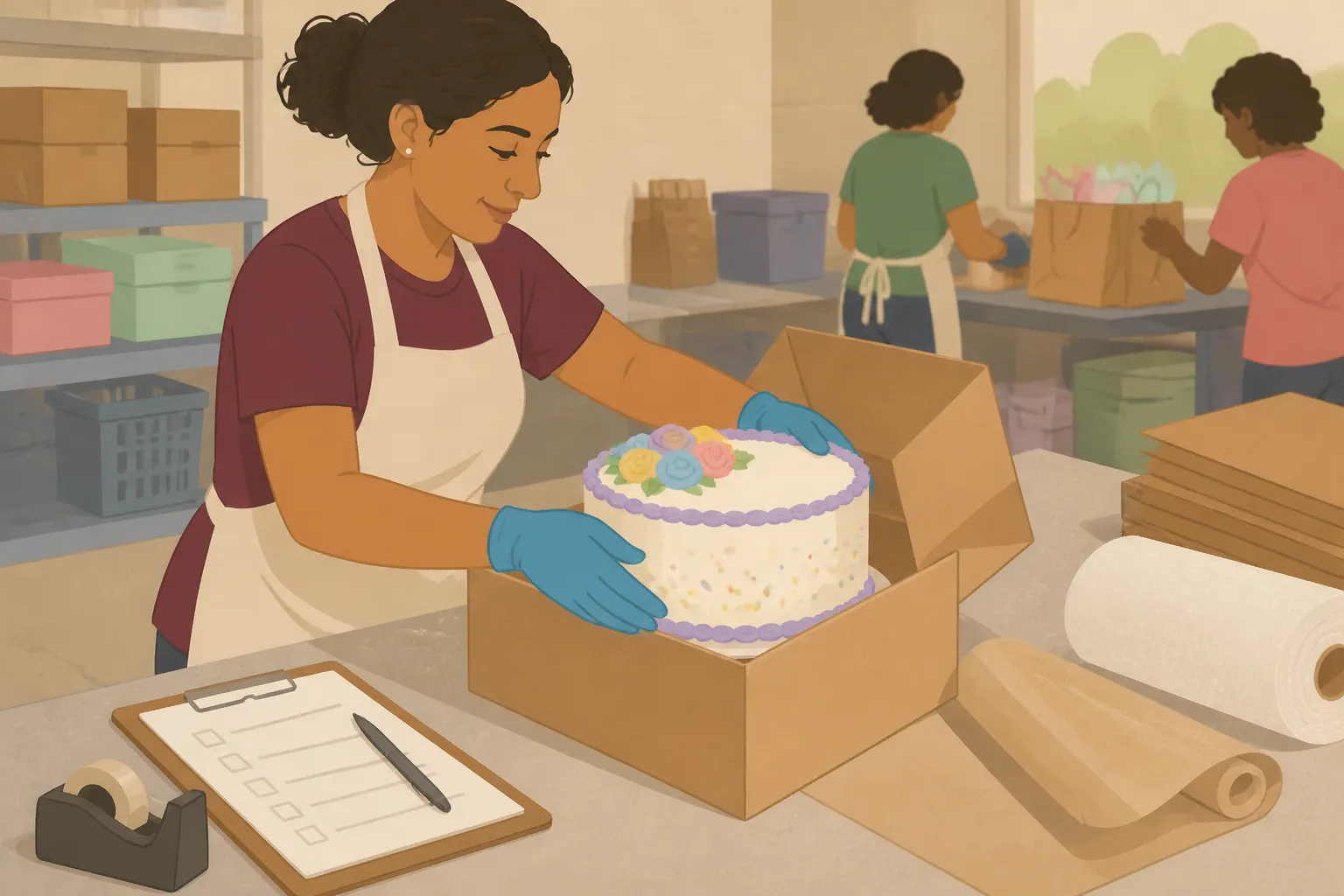 A trained volunteer boxes a decorated cake for delivery through a Houston foster-care partner.