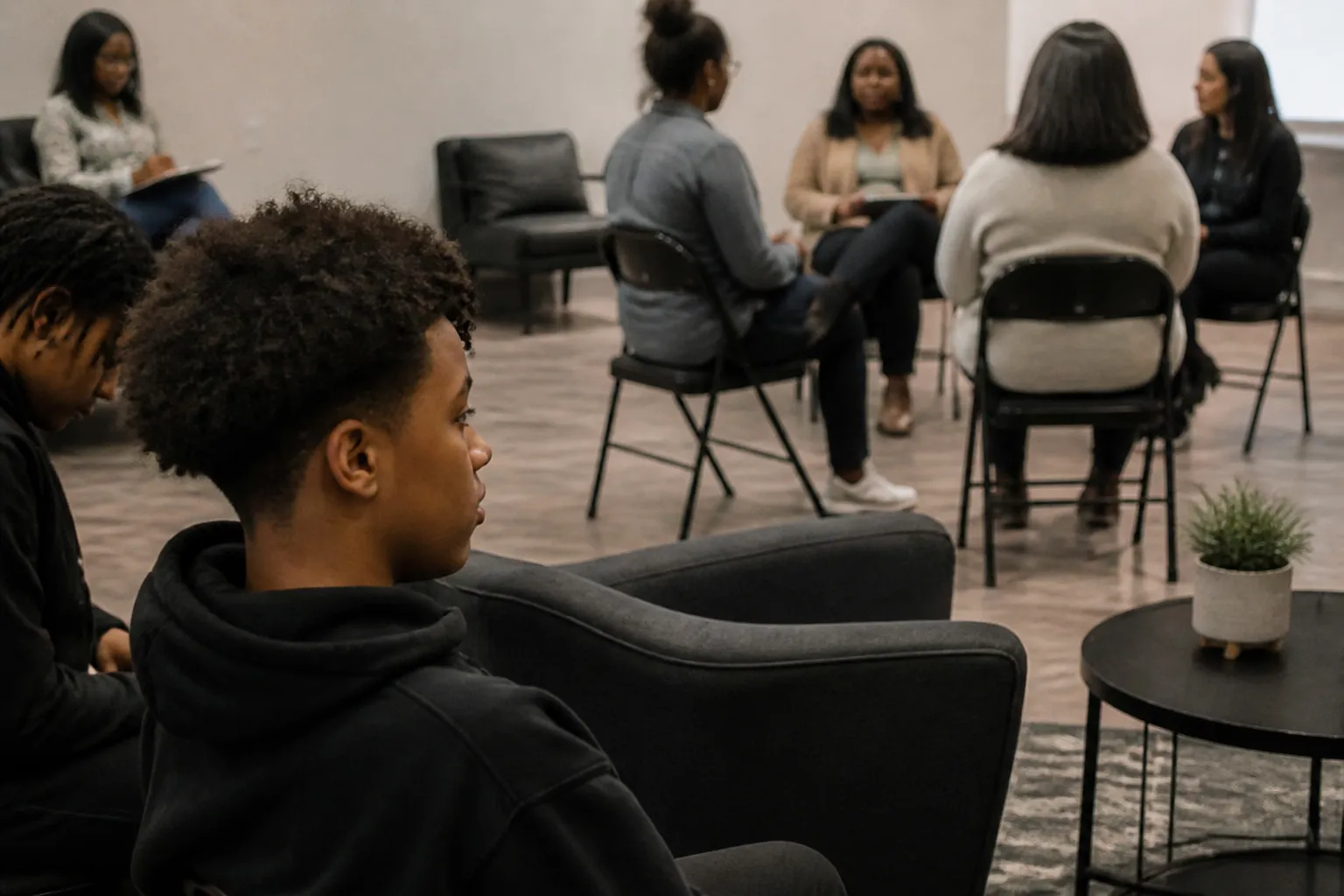 Youth attend a Real Talk Change One meeting while parents sit in a separate therapist-led support group.
