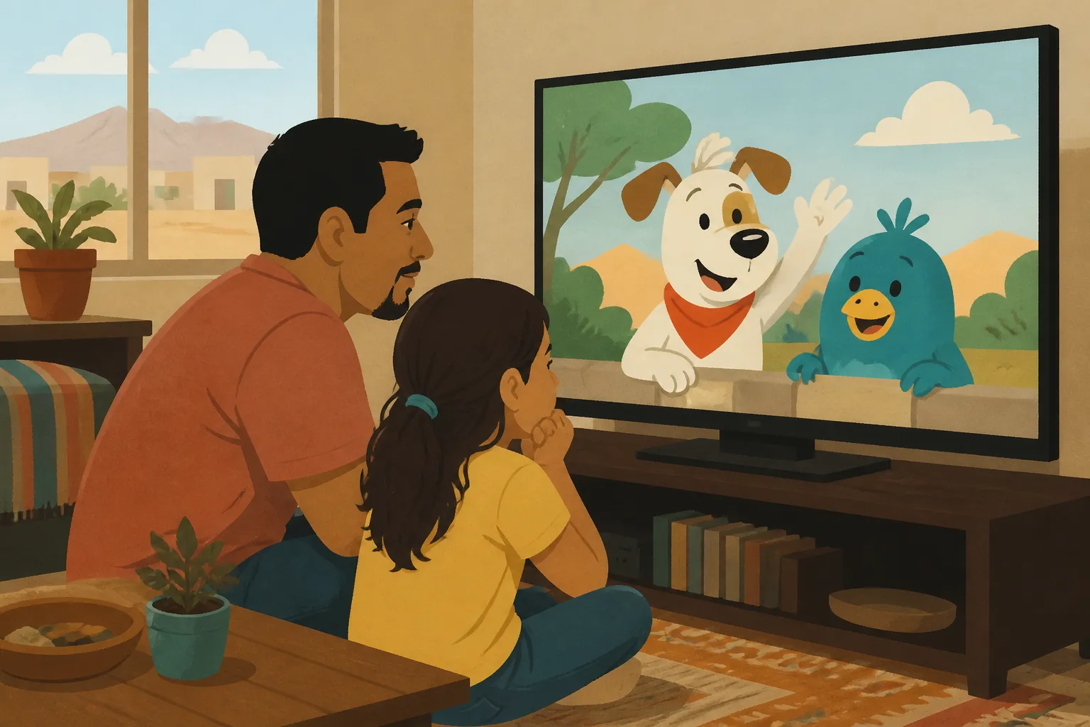 Child and parent watch Kid’s Channel 38.3 programming at home near El Paso.